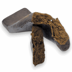 Classic Press Hash block – dark brown pressed resin with crumbly interior, 25–35% THC