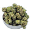 Pink Gas cannabis smalls — lime-green popcorn buds with loud diesel and light candy aroma