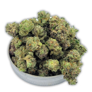 Pink Gas cannabis smalls — lime-green popcorn buds with loud diesel and light candy aroma