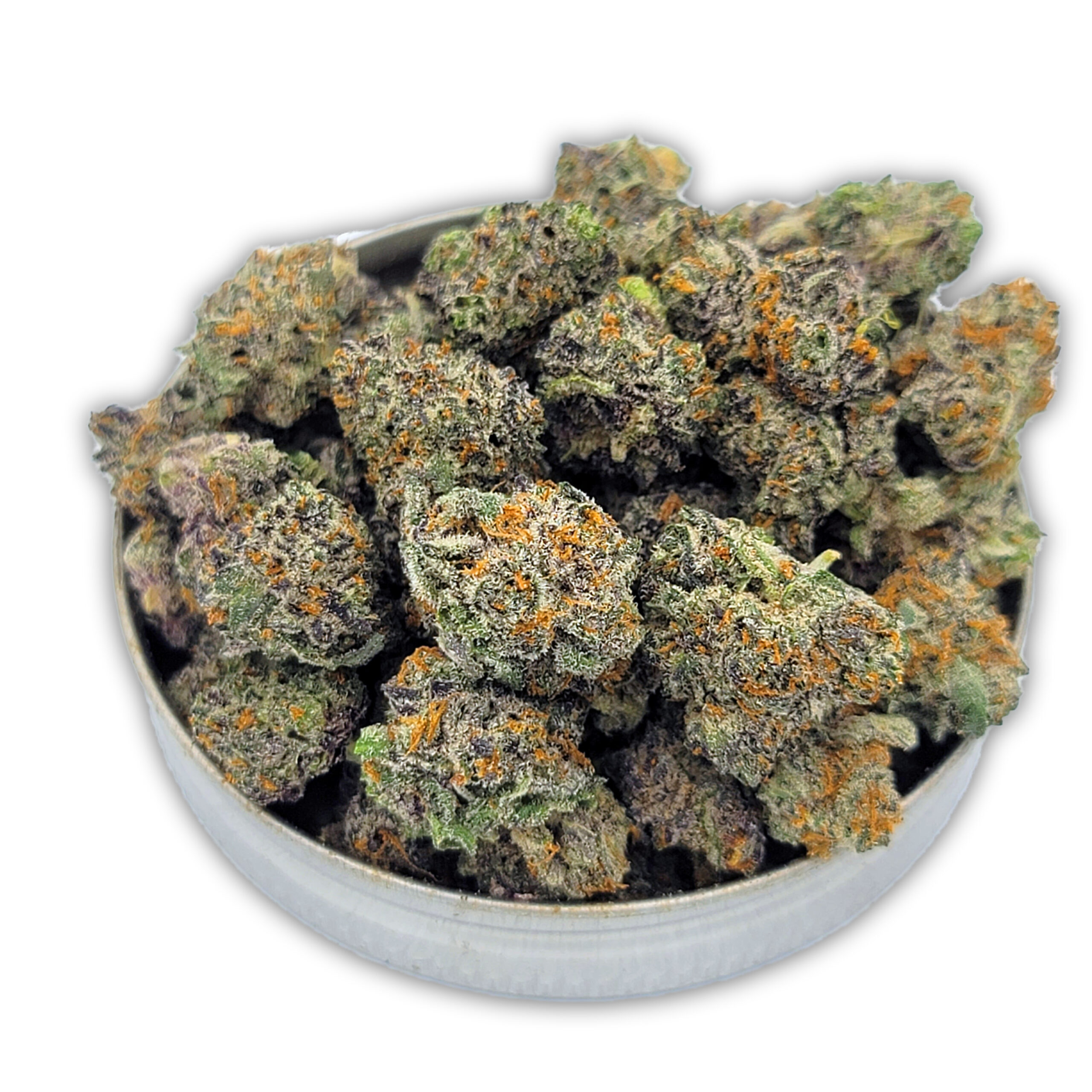 Close-up of Scratch & Snif Minis showing frosty trichomes and dense nugs