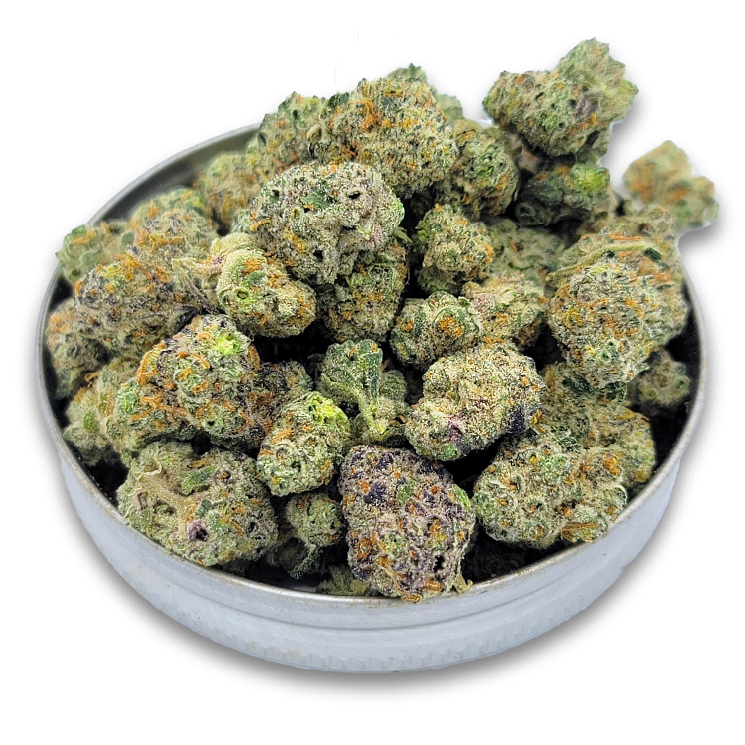Close‑up of frosty Ice Cream cannabis smalls piled in a round metal lid, showing dense green and purple buds coated in trichomes on a white background.